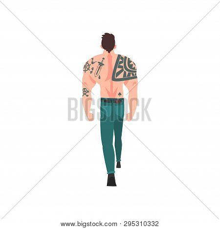 Muscular Man With Tattoo, Attractive Tattooed Guy With Bare Chest, Back View Vector Illustration