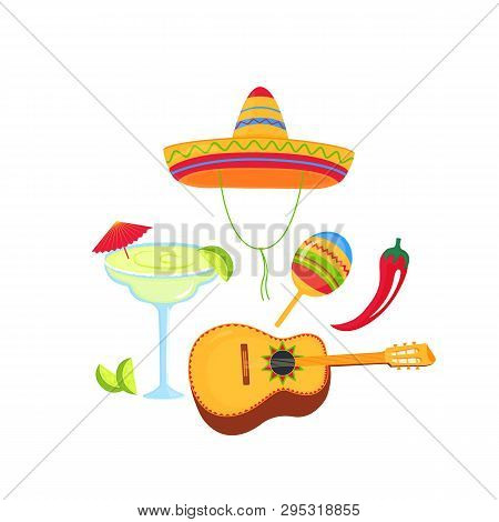 Cinco De Mayo. 5th Of May. Sombrero, Margarita, Guitarron, Maracas, Chili Pepper, Lime. National Mex