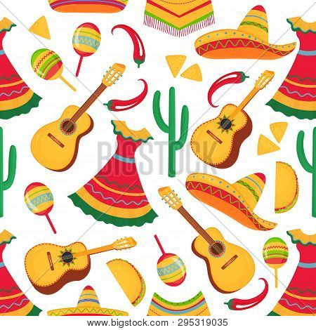 Guitar, Maracas, Poncho, Cactus, Chili, Sombrero, Taco, Nachos. Mexican Traditional Musical Instrume