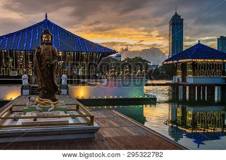 Seema Malaka Buddhist Temple In The Beira Lake In Colombo, Sri Lanka At Sunset. Seema Malaka Is A Pa