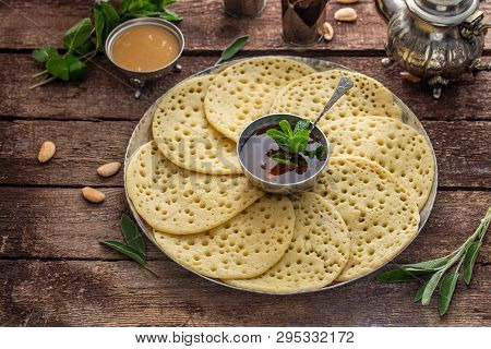 Moroccan Breakfast With Baghrir, Mint Tea And Honey, Copy Space