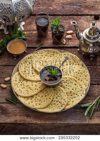 Moroccan Pancakes Baghrir Or Crepes With 1000 Holes Served With Honey And Mint Tea