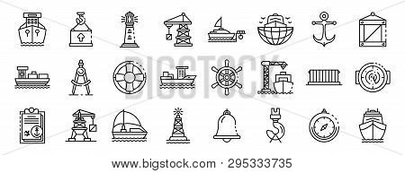 Marine Port Icons Set. Outline Set Of Marine Port Icons For Web Design Isolated On White Background