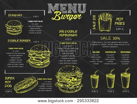 Burger Menu Poster Design On The Chalkboard Elements. Fast Food Menu Skech Style. Can Be Used For La