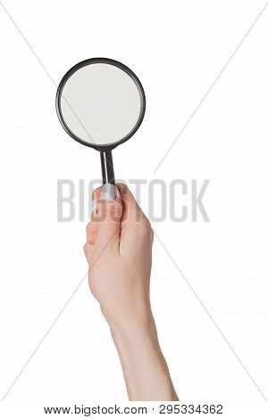 Female Hand Holding Magnifier Isolate On White Background.