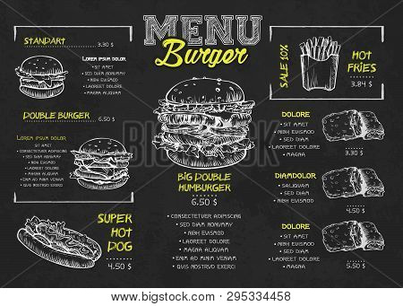 Burger Menu Poster Design On The Chalkboard Elements. Fast Food Menu Skech Style. Can Be Used For La