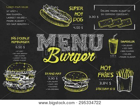 Burger Menu Poster Design On The Chalkboard Elements. Fast Food Menu Skech Style. Can Be Used For La