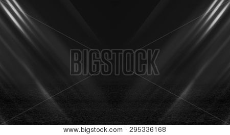 Background Of Empty Street, Room. Background Of Empty Scene At Night. Concrete Coating. Reflection O