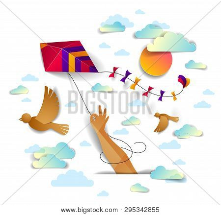 Hand Holding Kite Over Cloudy Sky Birds Flying And Sun, Freedom And Easiness Emotional Concept, Vect