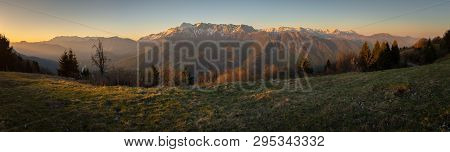 Sunset View From Border Road Of Slovenia And Italy To Mountain Range Krn In Triglav National Park In