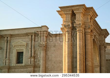Marvelous Facade And The Side Arch Of The Basilica Cathedral Of Arequipa, Historical Site In Peru