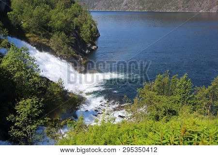 View On Langfossen Langfoss Waterfall In Summer, Etne, Norway
