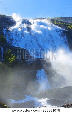View On Langfossen Langfoss Waterfall In Summer, Etne, Norway
