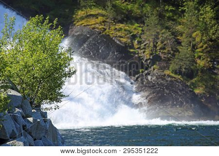 View On Langfossen Langfoss Waterfall In Summer, Etne, Norway