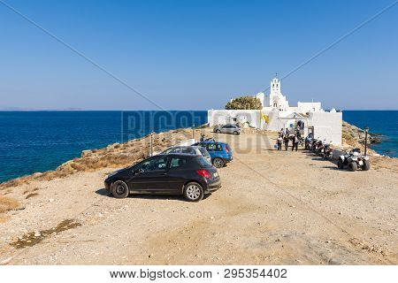 Sifnos, Greece - September 11, 2018: Parking At The Chrisopigi Monastery On South East Coastline Of 