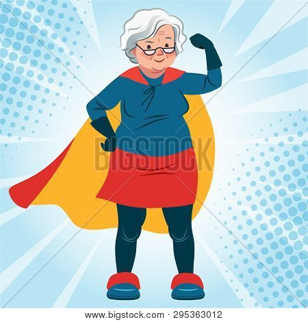 Grandma In Superhero Costume Standing With Arm Flexed Vector Cartoon Illustration. Smiling Friendly 