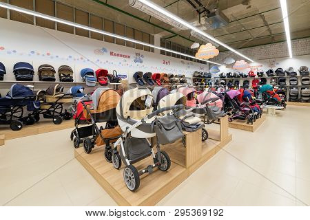 Minsk, Belarus - March 26, 2018: Baby Car Seat And Baby Chair Sections In A Toodlers Store