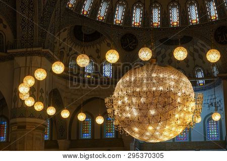 ANKARA, TURKEY - MARCH 16, 2019: Kocatepe Mosque interior details 