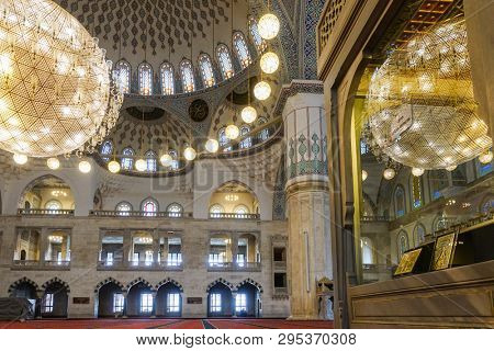 ANKARA, TURKEY - MARCH 16, 2019: Kocatepe Mosque interior details 
