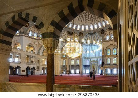 ANKARA, TURKEY - MARCH 16, 2019: Kocatepe Mosque interior details 