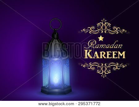 Ramadan Kareem Lantern Or Fanous In A Dark Glowing Background. 3d Realistic Vector Illustration