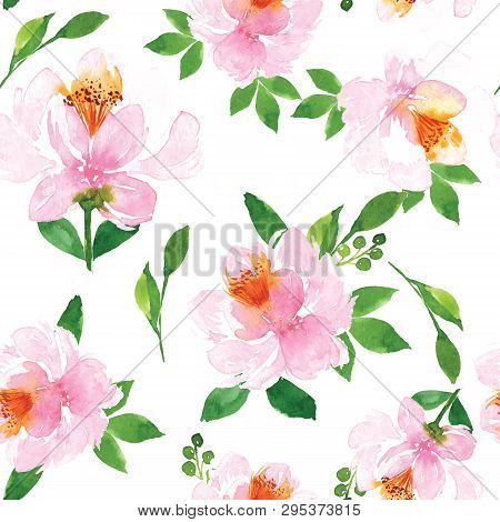 Pink Pheony Watercolor Floral Seamless Pattern Design