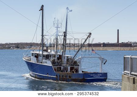 New Bedford, Massachusetts, Usa - April 11, 2019: Commercial Fishing Vessel Kayla Rose Leaving New B