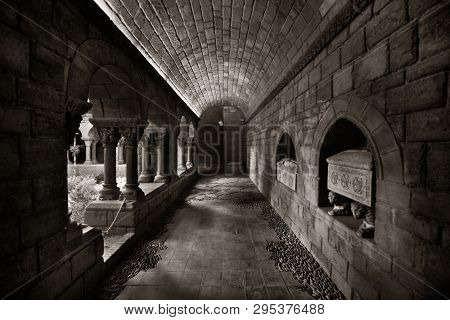 Hallway in Romanesque monastery in village in Pueblo Espanol Barcelona, Spain