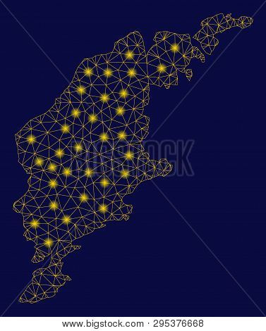 Bright Yellow Mesh Gotland Island Map With Glare Effect. Wire Carcass Polygonal Mesh In Vector Eps10