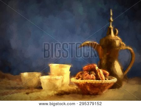 Canvas painting with Middle Eastern rustic food still life. Old Dallah, dates and coffee cups. Still life in classic canvas oil-painting.