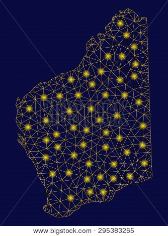 Bright Yellow Mesh Western Australia Map With Lightspot Effect. Wire Frame Triangular Network In Vec