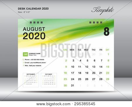 Desk Calendar 2020 Template Vector, August 2020 Month With Green Watercolor Brush Stroke, Business L