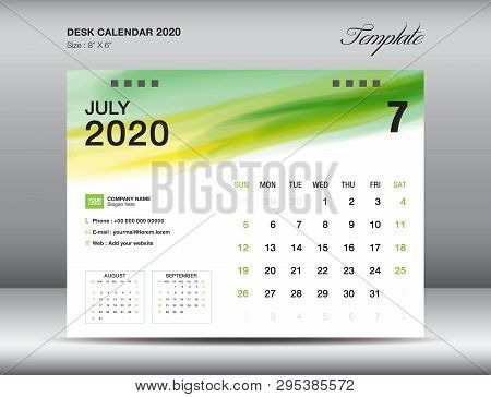 Desk Calendar 2020 Template Vector, July 2020 Month With Green Watercolor Brush Stroke, Business Lay