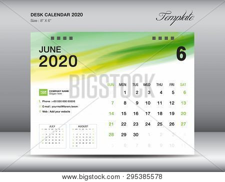 Desk Calendar 2020 Template Vector, June 2020 Month With Green Watercolor Brush Stroke, Business Lay