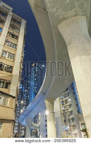 Elevated Highway Through Midtown Of Hong Kong Ciity At Night