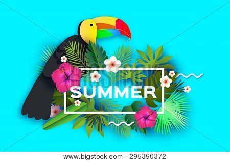 Toucan, Hibiscus Flowers And Palm Leaves. Tropical Summer. Frangipani - Plumeria In Paper Cut Art. B