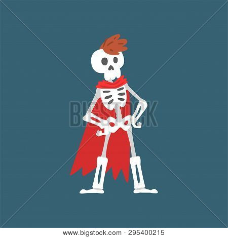 Human Skeleton In Red Cloak Standing With Hands On His Waist, Dead Man Zombie Cartoon Character Vect