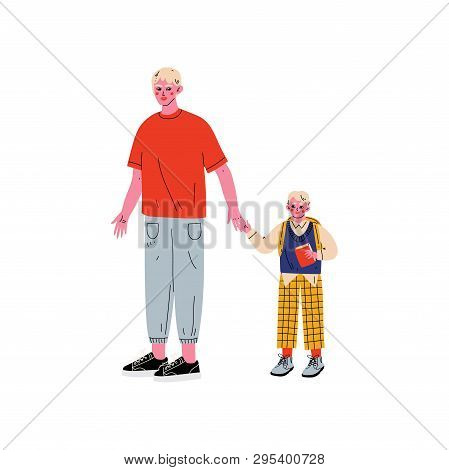Father Leading His Son Student To School, Cute Boy And His Dad Holding Hands Vector Illustration