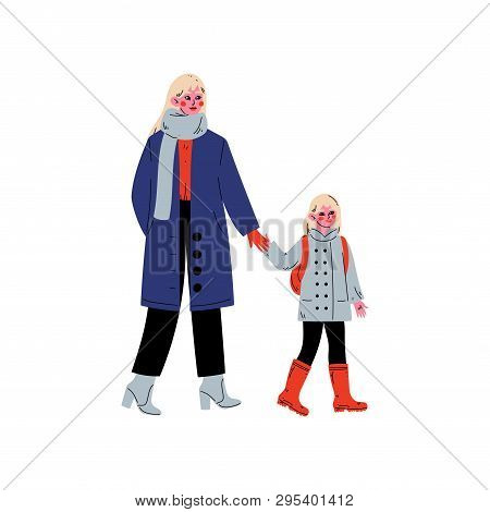 Mother Leading Her Daughter Student To School, Cute Boy And Her Mother Walking Together Vector Illus