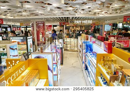 HONG KONG, CHINA - CIRCA FEBRUARY, 2019: cosmetics on display at Beauty&You in Hong Kong International Airport.