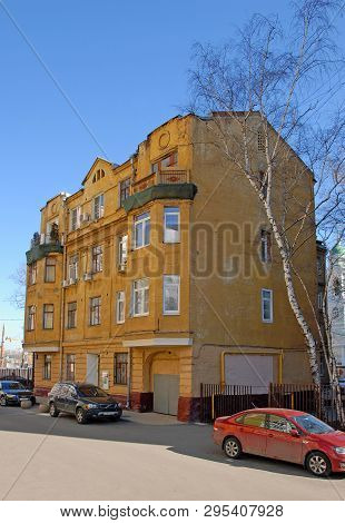 Moscow, Russia - March, 2019: Four-storey Brick Dwelling House. Moscow, Malaya Pionerskaya Street, 2