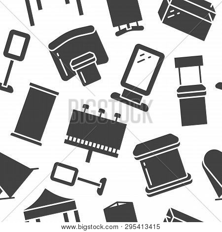 Advertising Exhibition Banner Stands, Display Seamless Pattern With Flat Glyph Icons. Billboard, Fol