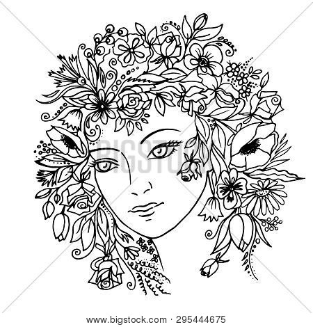 Girl With Flowers In Her Hair. Vector.