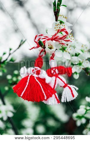 Bulgarian Traditional Spring Decor Martenitsa On The Blossom Tree Background. Baba Marta Holiday.