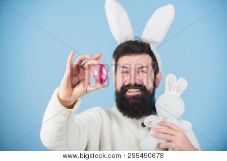 My Precious. Hipster Cute Bunny Long Ears Blue Background. Easter Bunny. Having Fun. Funny Bunny Wit