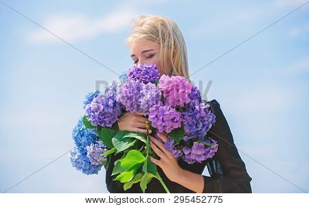 Enjoy Spring Without Allergy. Gentle Flower For Delicate Woman. Girl Tender Blonde Hold Hydrangea Fl