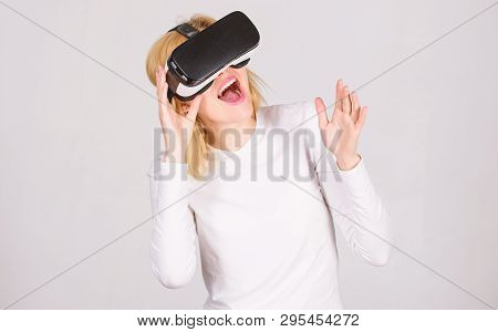 A Person In Virtual Glasses Flies In Room Space. Woman Using Vr Device. Person With Virtual Reality 