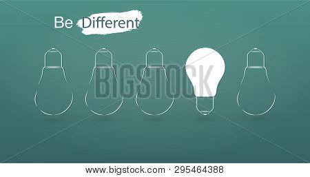 Hanging Light Bulbs With Glowing One Different Idea On Light Blue Background , Minimal Concept Idea 