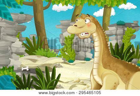 Cartoon Scene With Dinosaur Apatosaurus Diplodocus In The Jungle - Illustration For Children