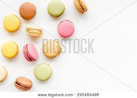 Brignt Macarons For Sweet Break On White Background Top View Mock Up